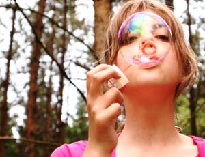 Blow Bubbles, Happy, Girl, Face, Forest, headshot, one person thumbnail