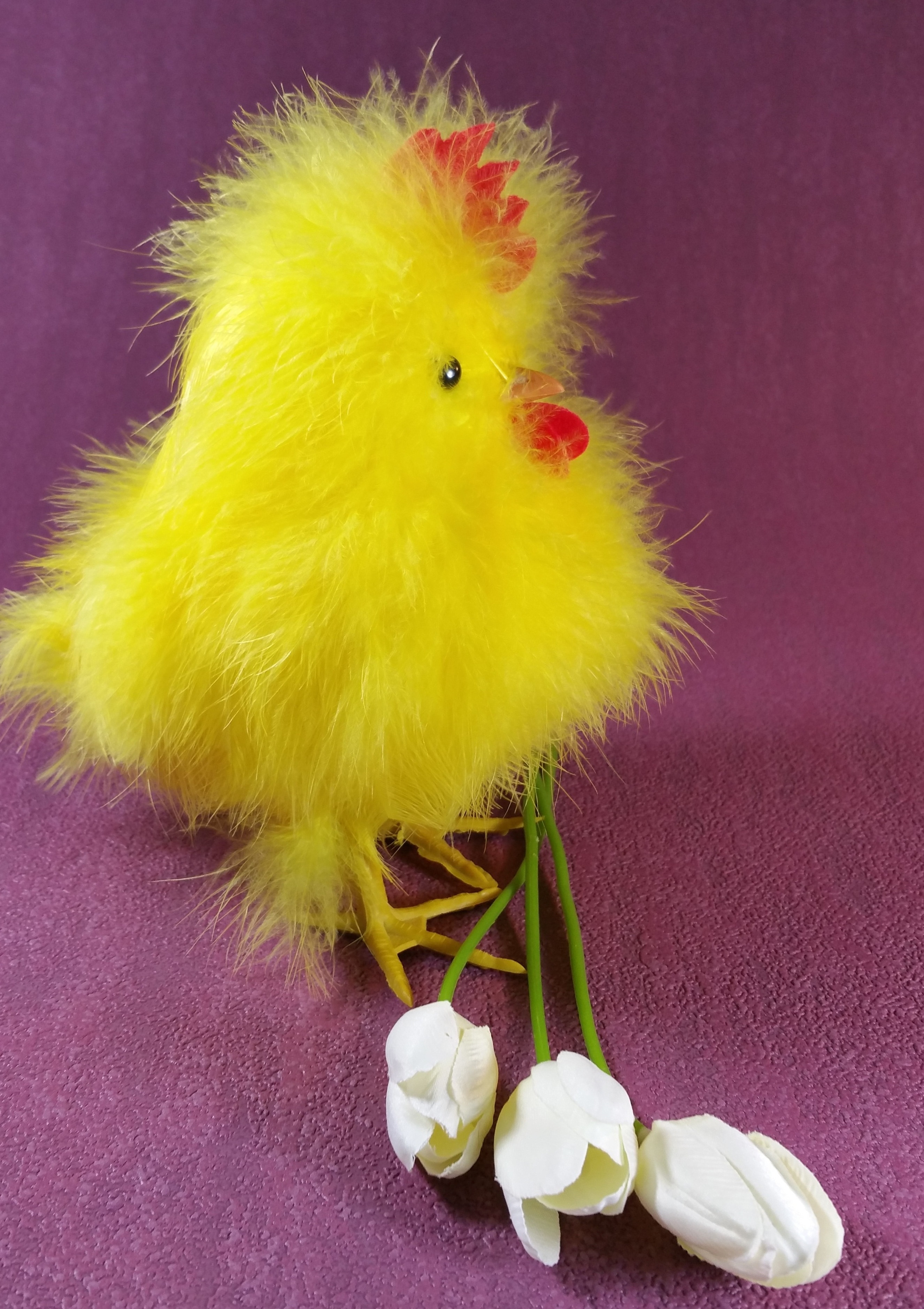 chick plush toy and three white tulips