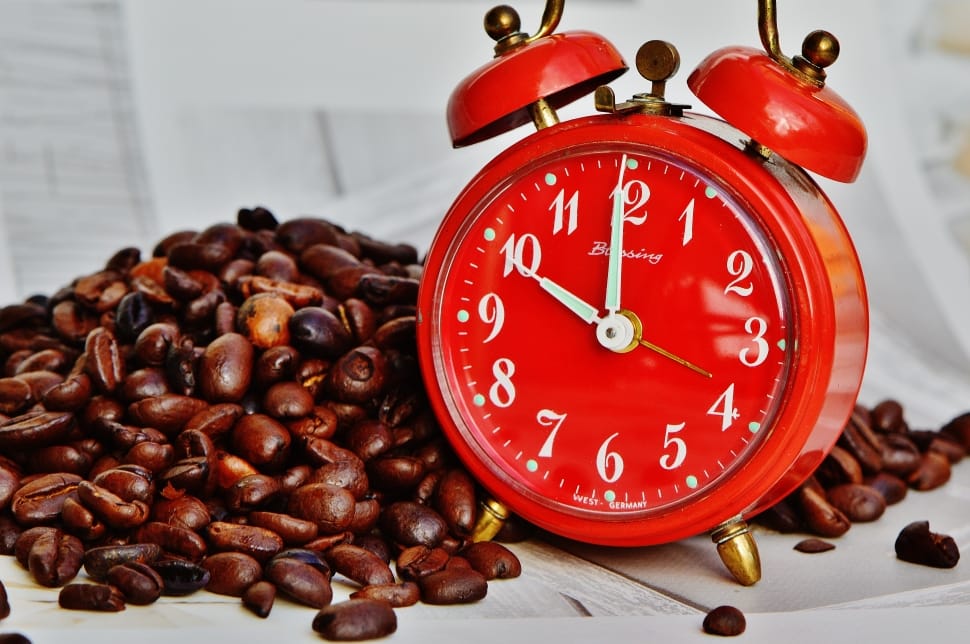 coffee bean lot and red and white analog alarm clock preview