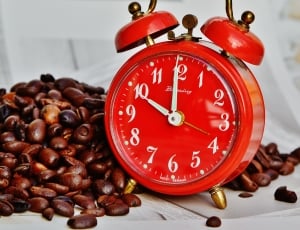 coffee bean lot and red and white analog alarm clock thumbnail
