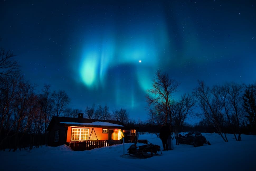 Aurora Borealis, Blue, Cabin, Cold, night, winter preview
