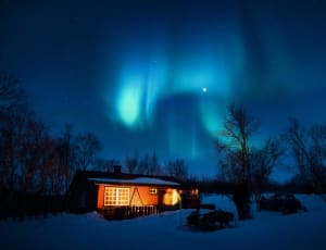 Aurora Borealis, Blue, Cabin, Cold, night, winter thumbnail
