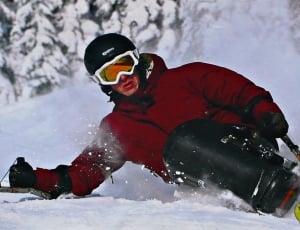 men's white snow goggles red winter jacket and black snowboard thumbnail