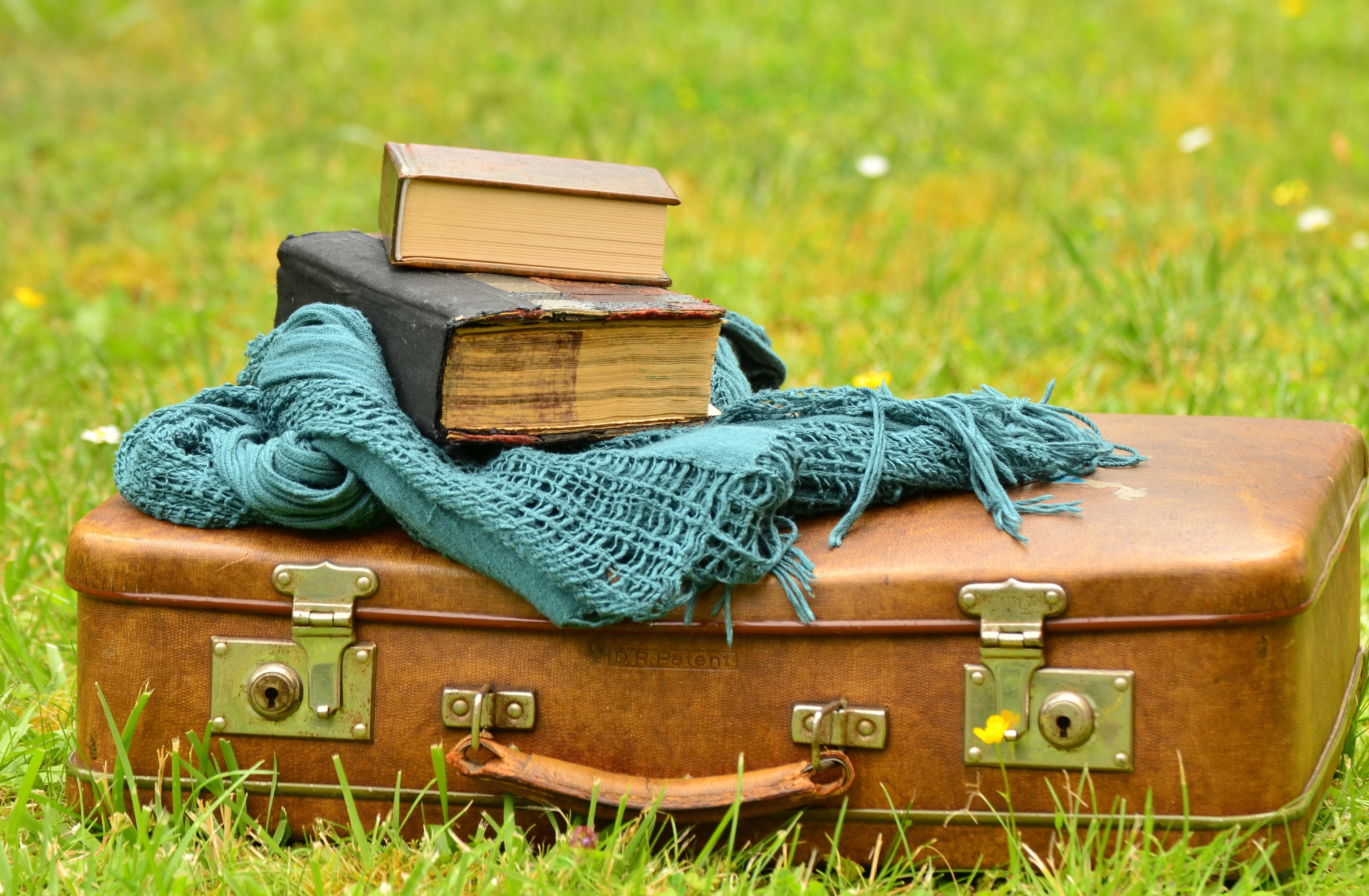brown luggage teal scarf and books