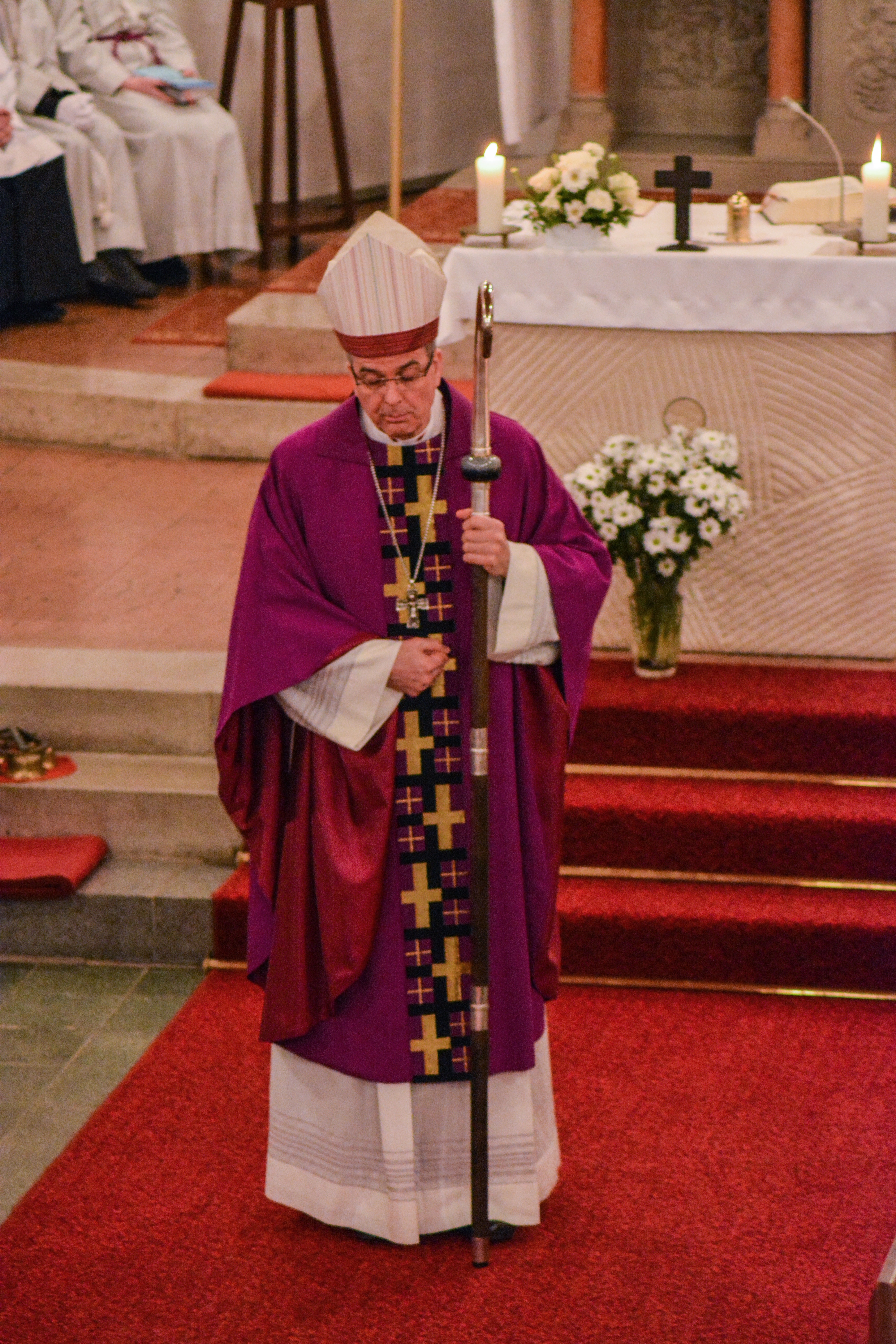 purple and beige cross print bishop robe