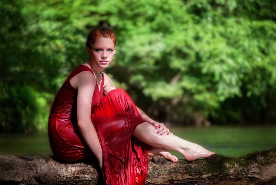women wearing red mesh sleeveless dress sitting on wood branch preview