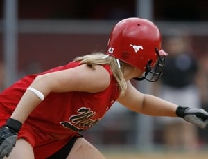 women's red softball helmet and  jersey tank thumbnail