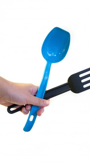 black plastic fork ladle and blue plastic ladle thumbnail