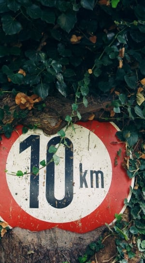 red and white round metal 10 km signage thumbnail