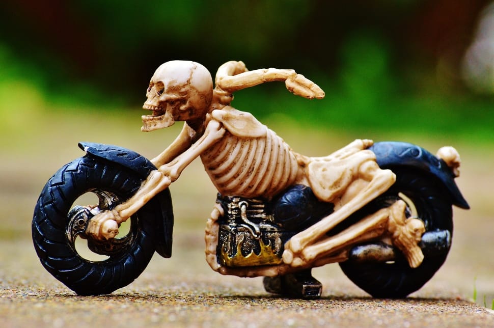 shallow focus photography of brown skeleton themed chopper motorcycle die-cast model preview