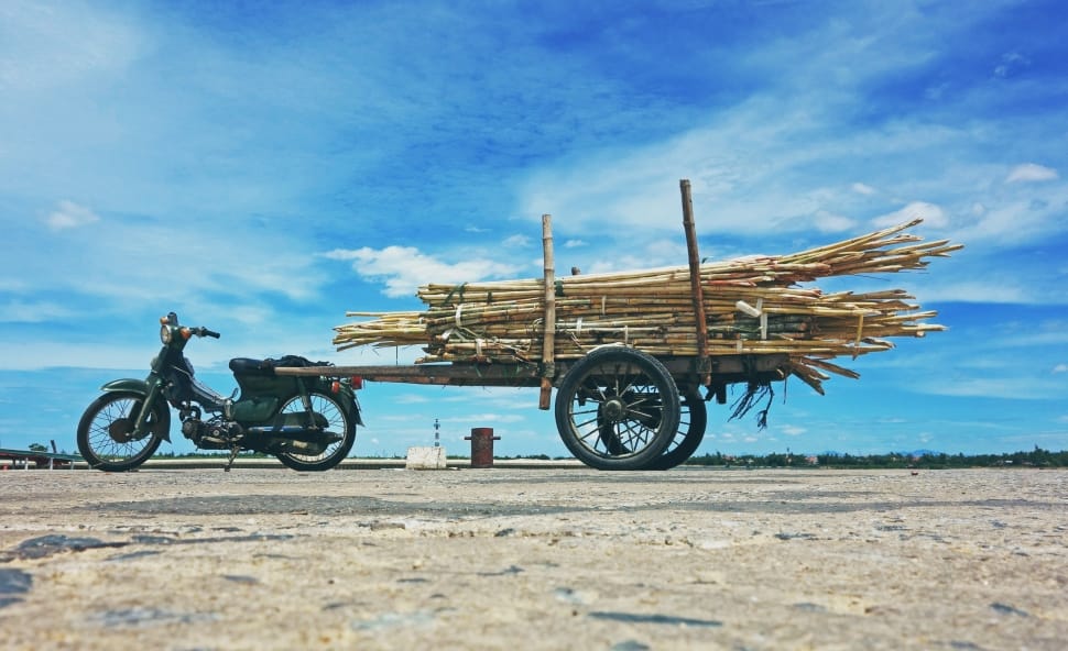 green underbone motorcycle and brown wooden trailer preview
