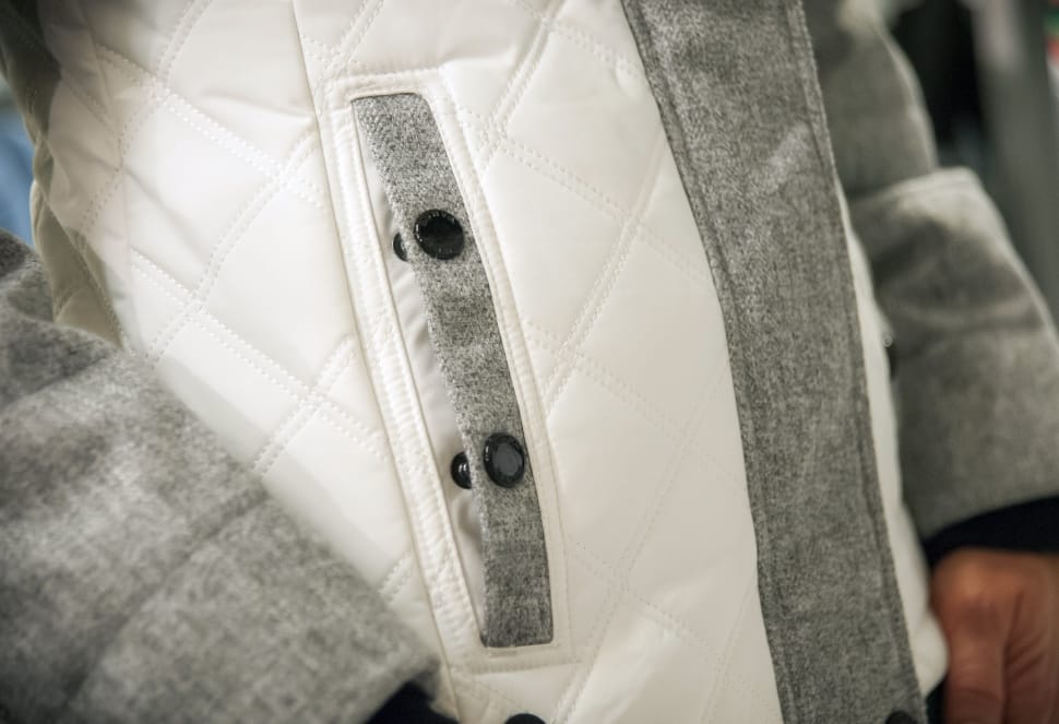 white and gray quilted jacket preview