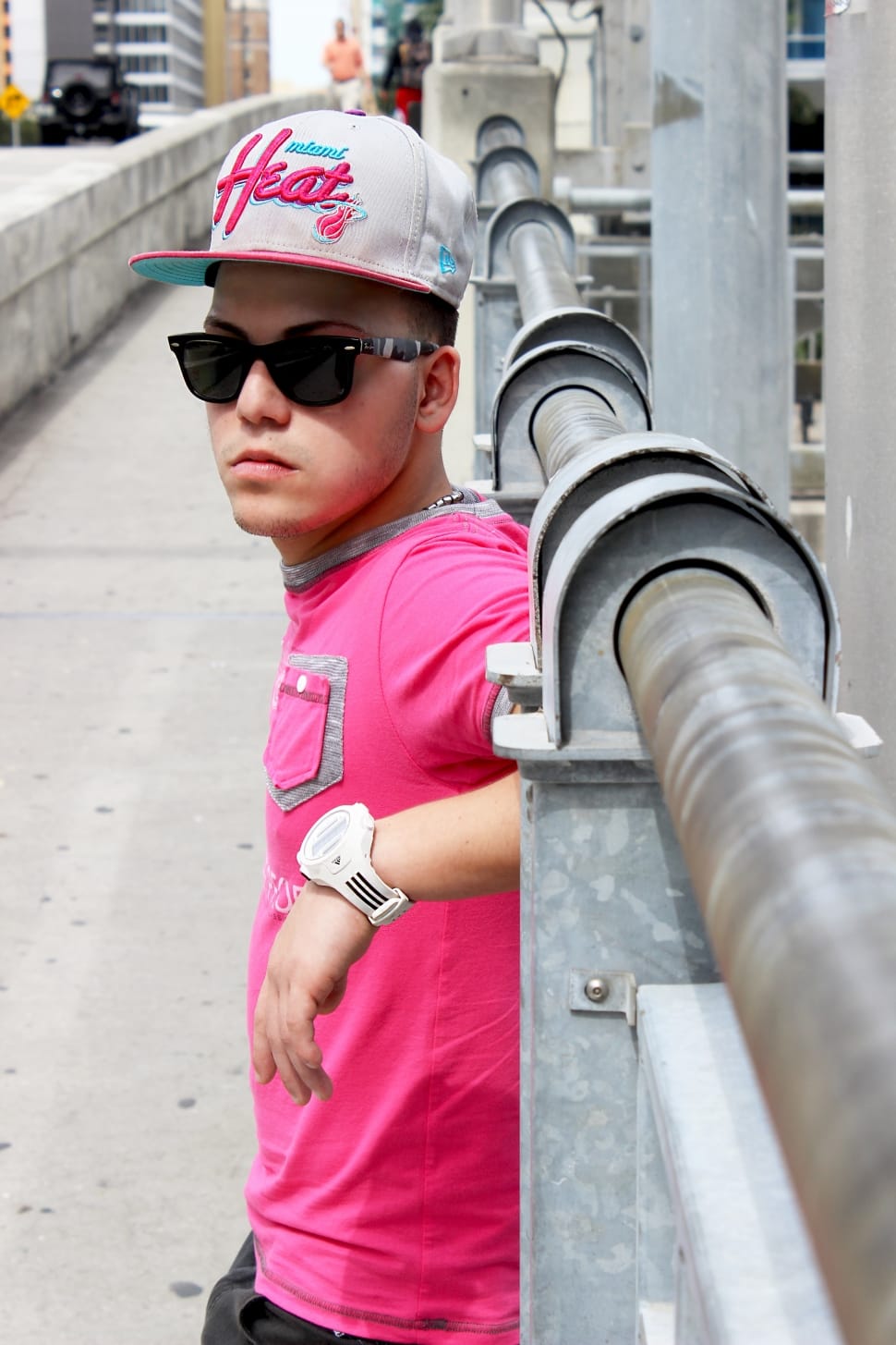 men's white and pink fitted cap,pink crew neck t shirt and white round watch preview