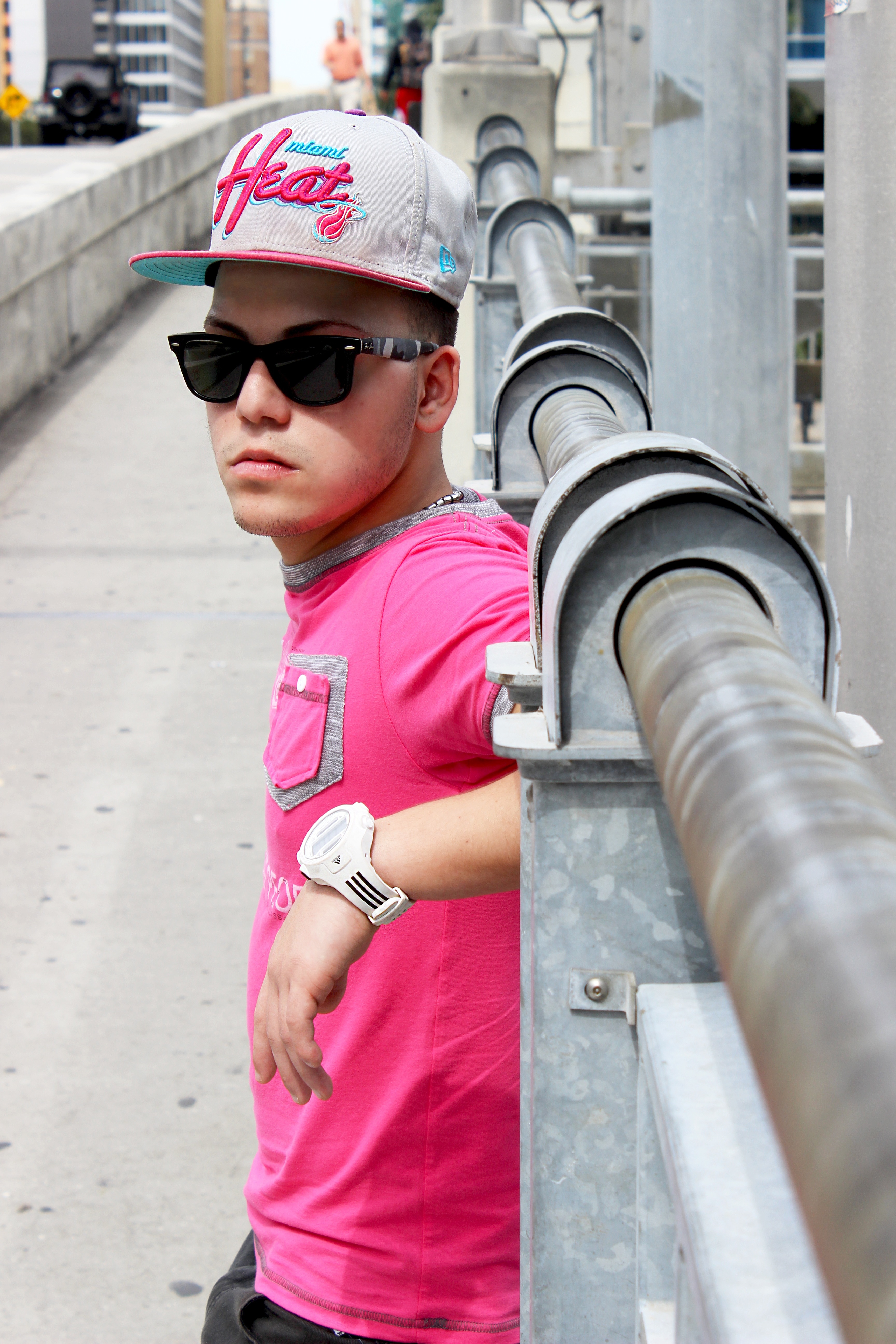 men's white and pink fitted cap,pink crew neck t shirt and white round watch