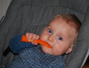 baby in blue shirt eating carrot on gray stroller thumbnail