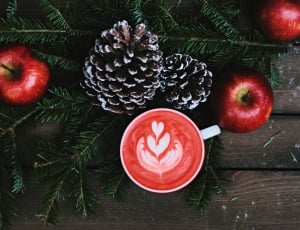 red apples; white ceramic cappuccino coffee cup; brown and white pinecones thumbnail
