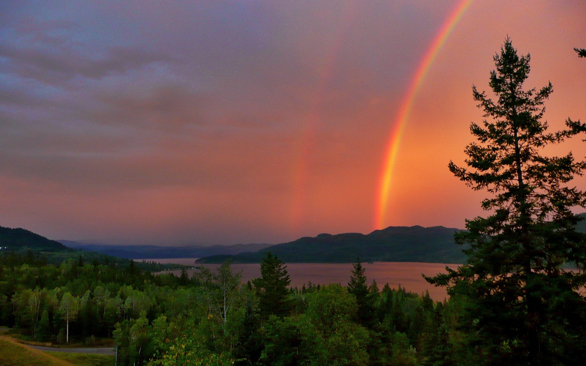Canim Lake, Thunderstorm, Rainbow, Red, tree, scenics