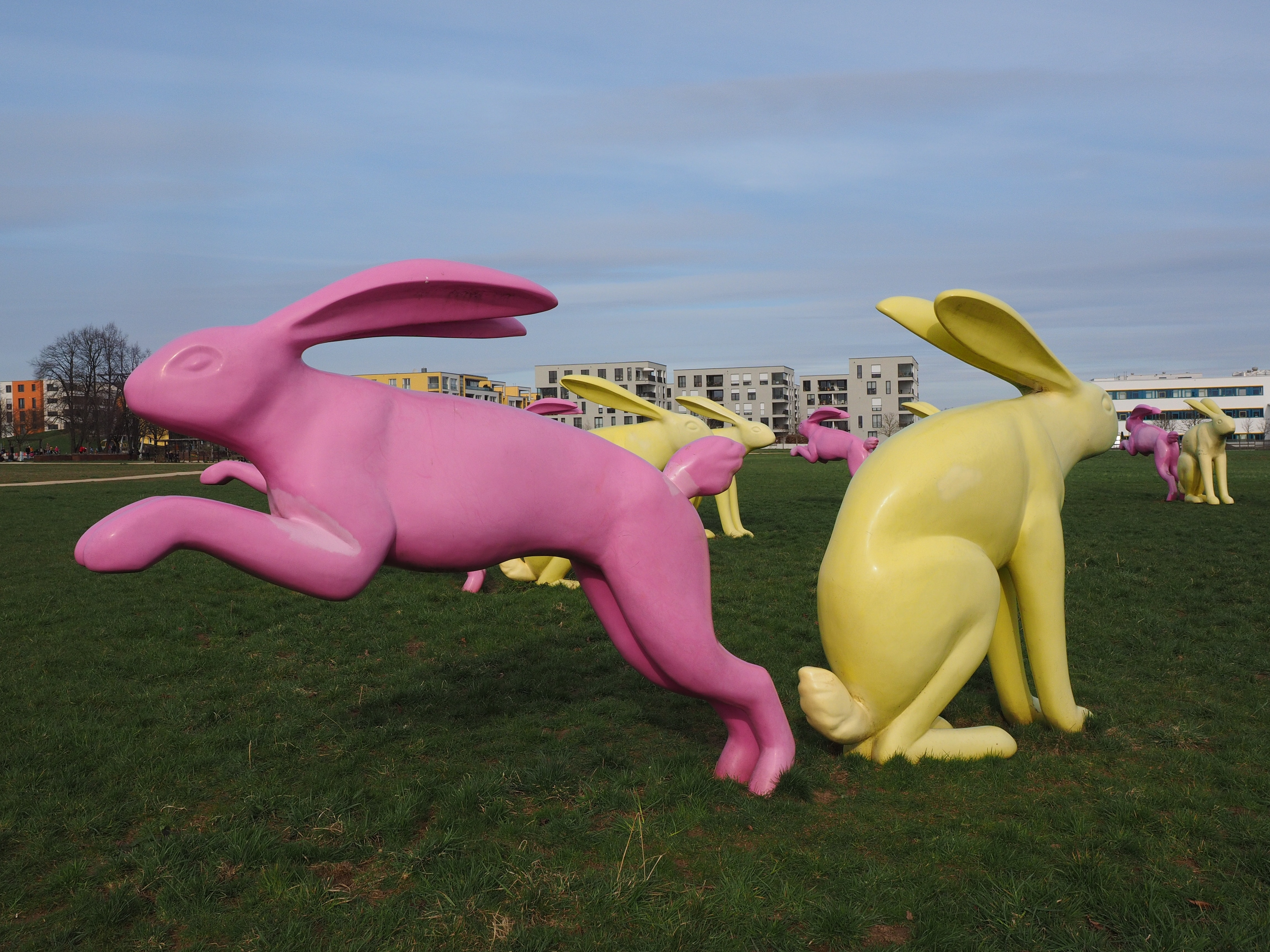 pink and yellow easter bunny village
