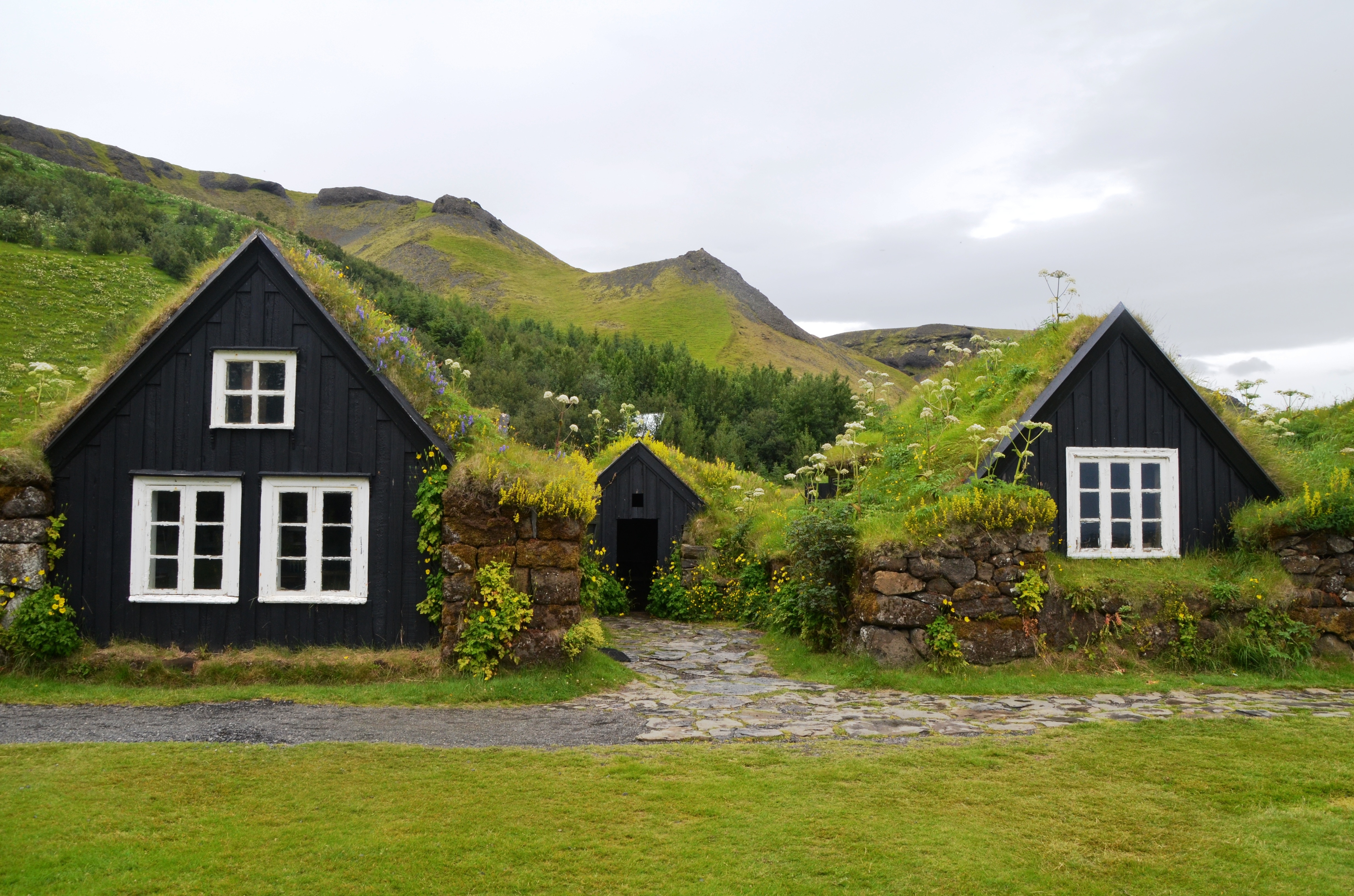 black-and-white houses on foot of the mountain
