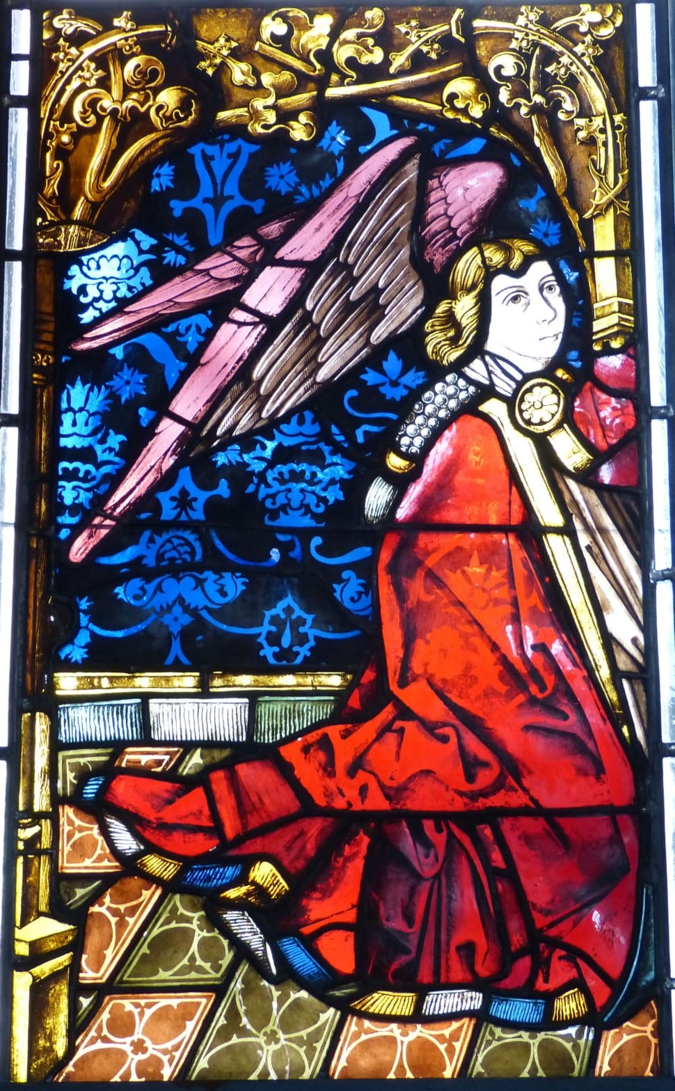 blonde haired woman with wings in red dress stained glass painting preview