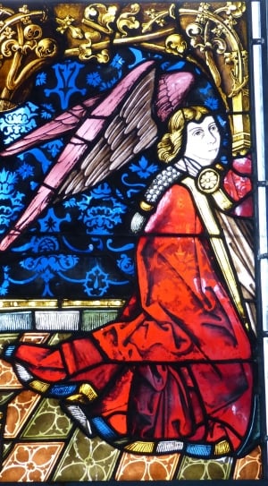 blonde haired woman with wings in red dress stained glass painting thumbnail