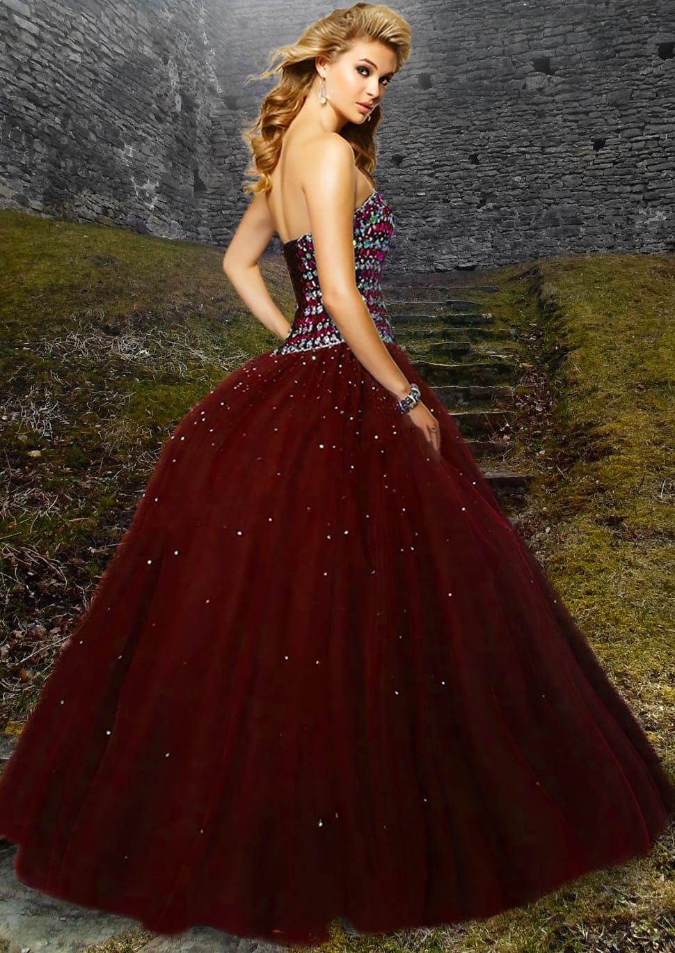 women's maroon and grey tube top ball gown preview