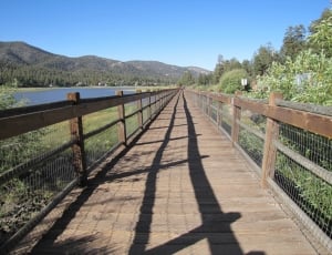 brown wooden bridge near body of water during daytime thumbnail