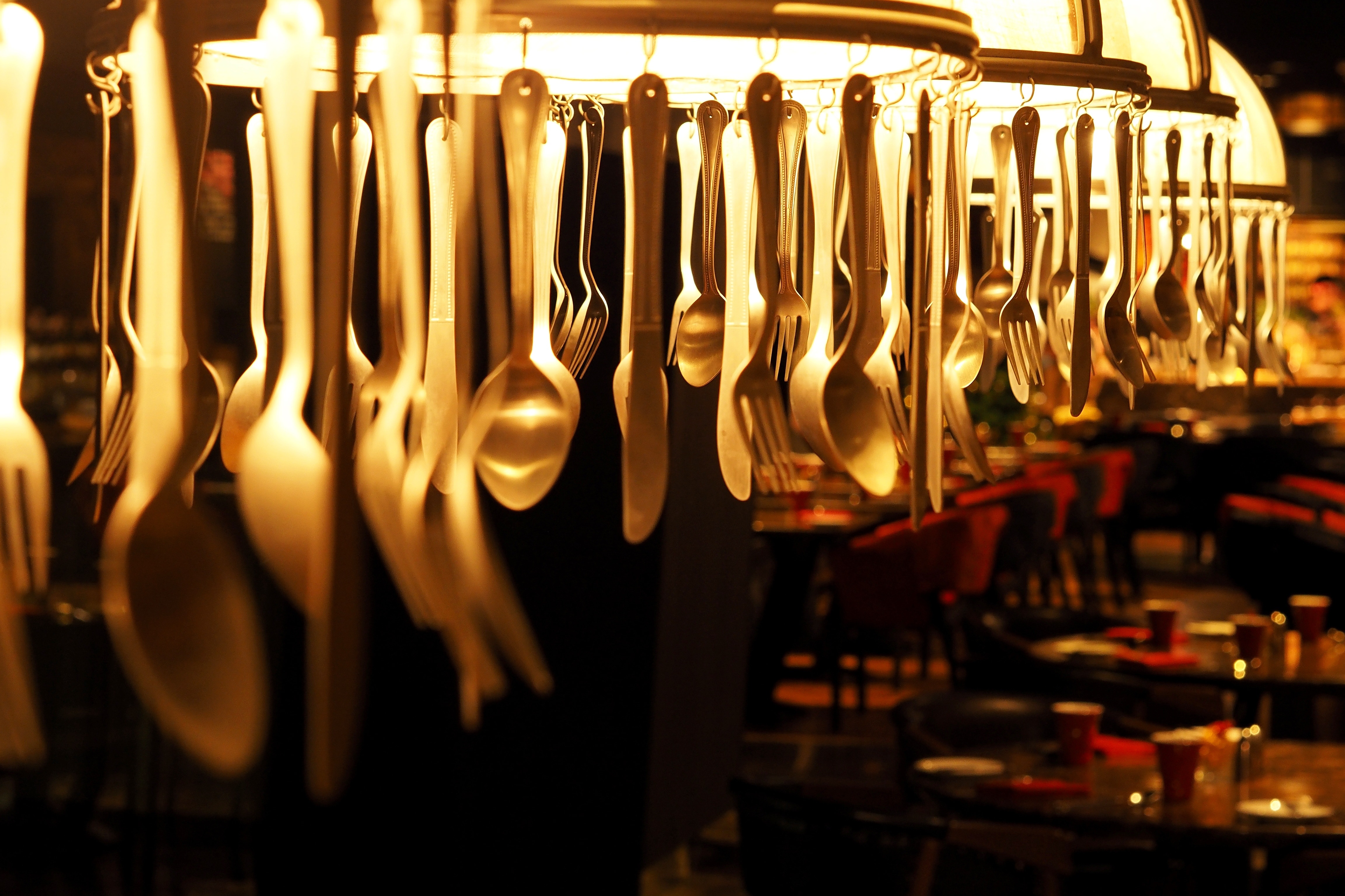 Fork, Spoon, Hanging, Lamps Utensils, in a row, hanging
