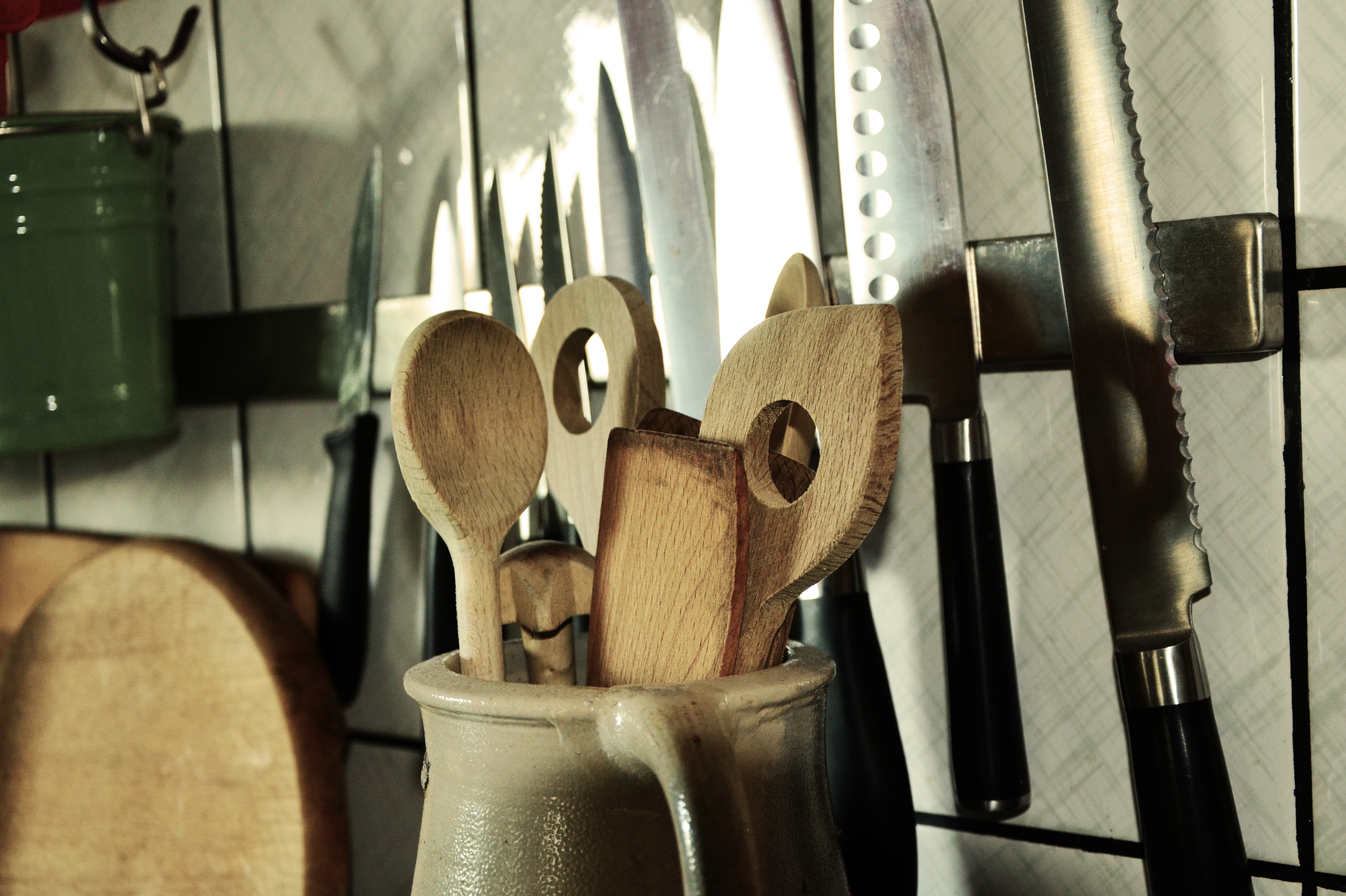 Kitchen Utensils, Knife, Wooden Spoon, indoors, no people