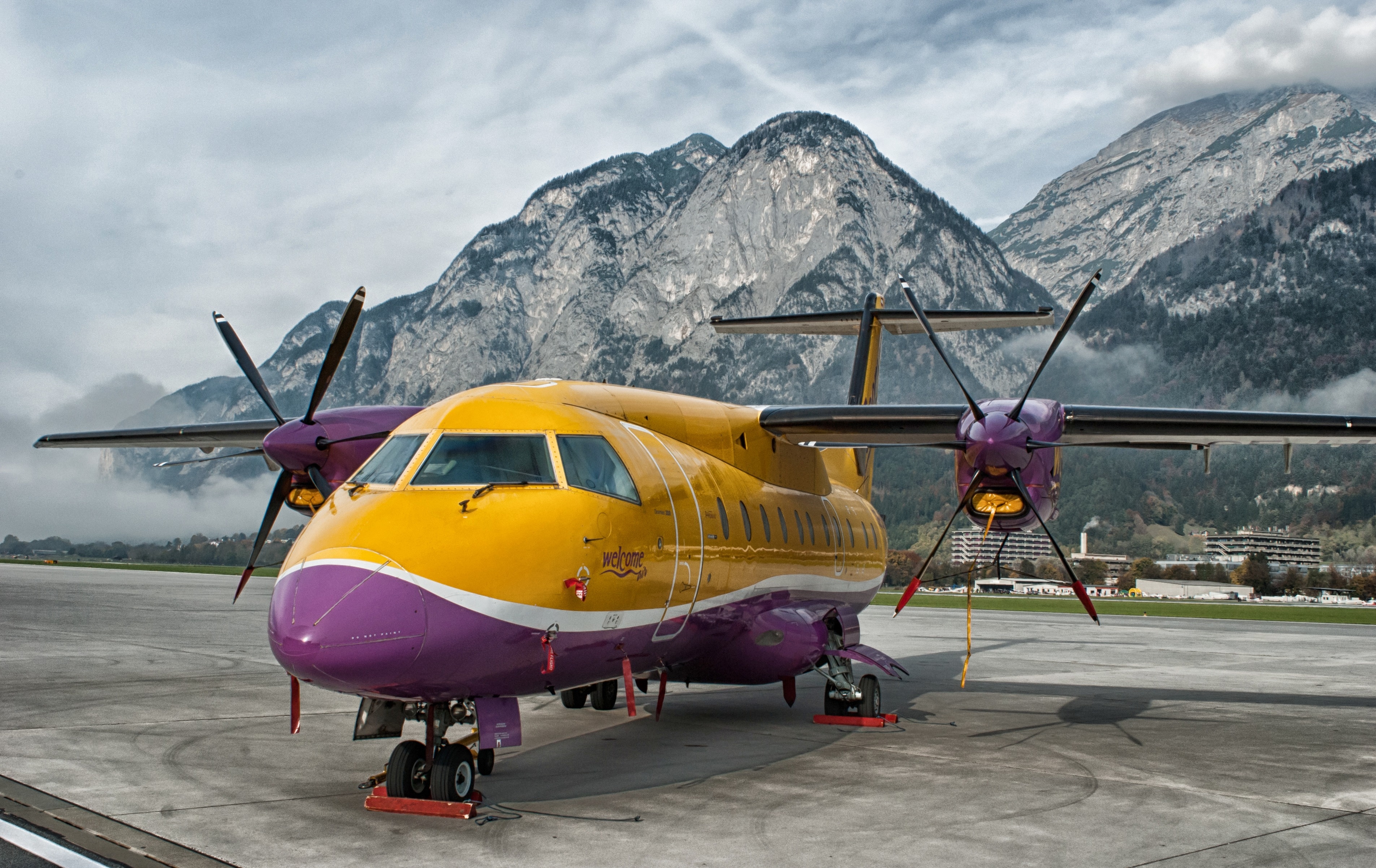 yellow purple and white private plane