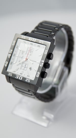 rectangular black chronograph watch with chain strap thumbnail
