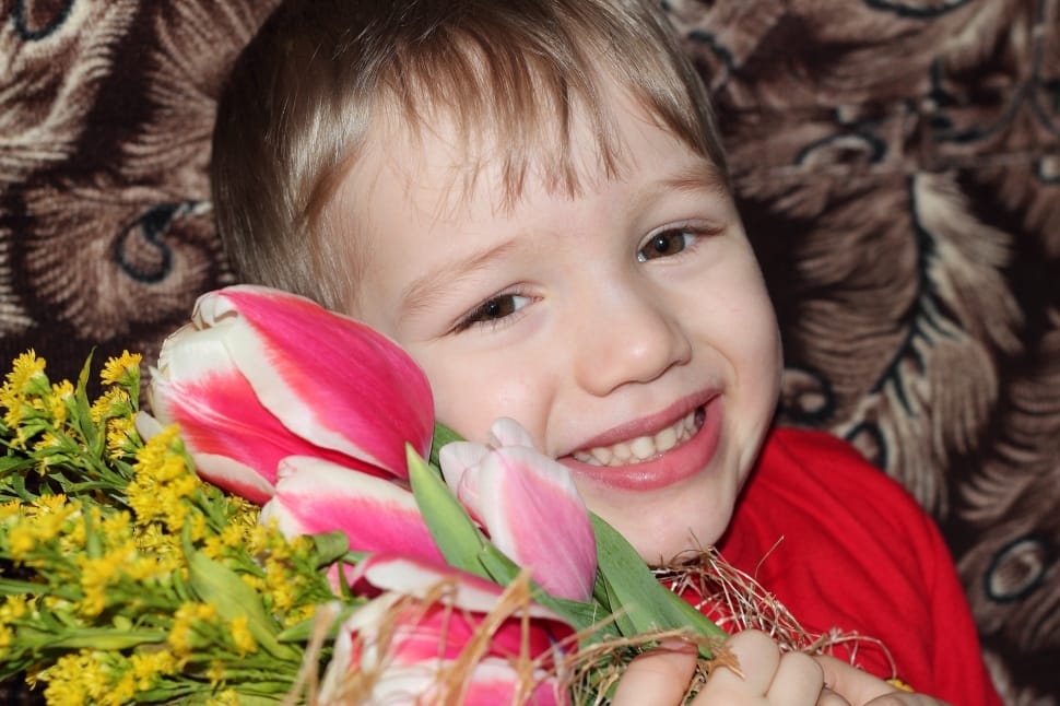 boy in red shirt holding red and pink tulips and yellow petaled flowers bouquet preview