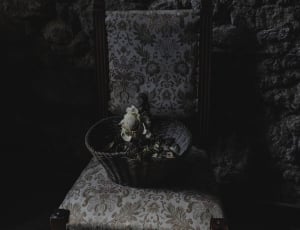 black wicker basket on grey and white parson chair thumbnail