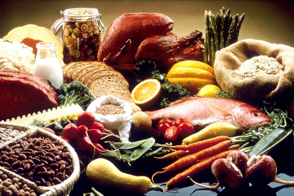 beans, bread, fish, meat, fruits and vegetables preview