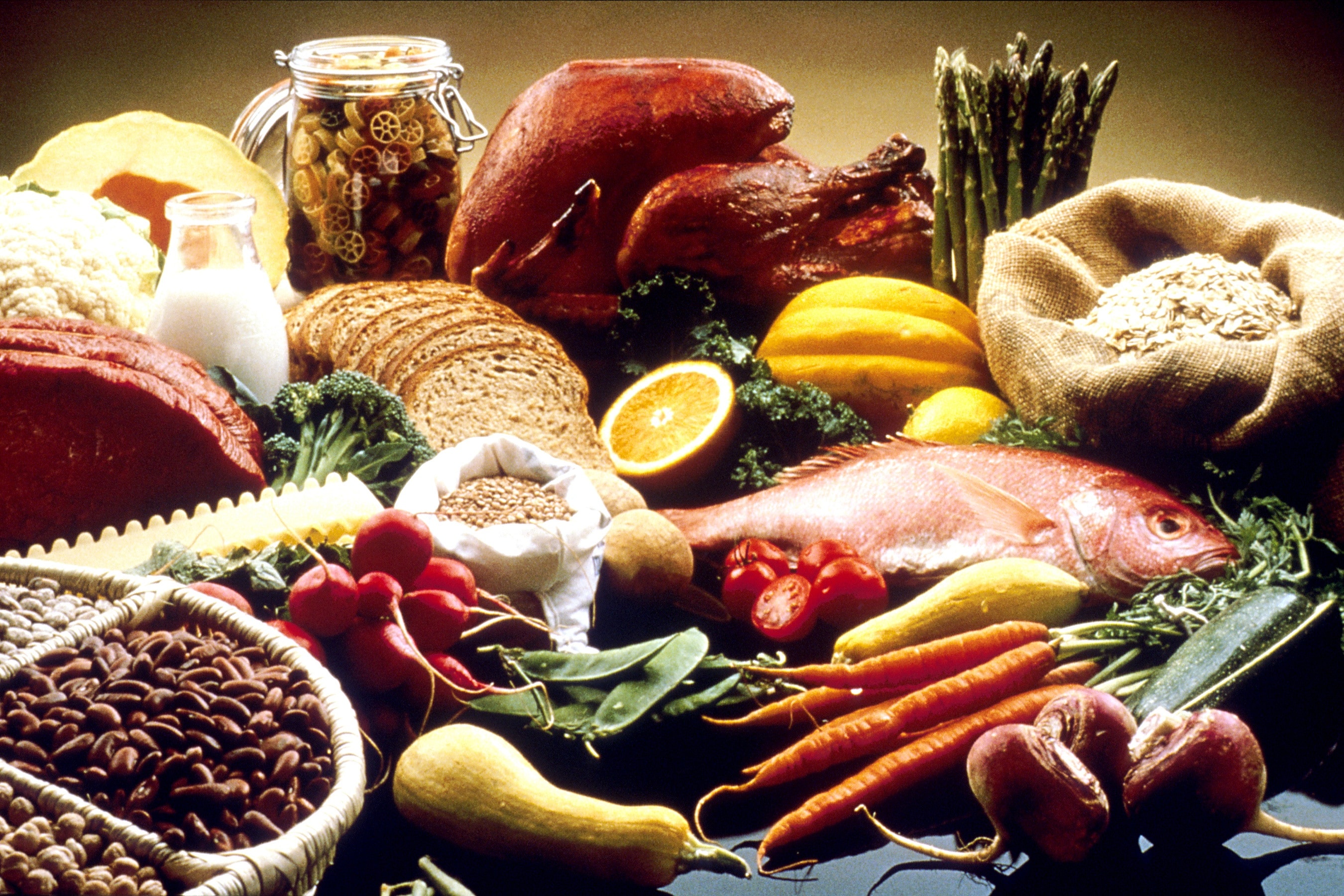 beans, bread, fish, meat, fruits and vegetables
