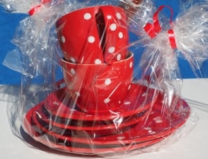 red and white polka dot ceramic plate and teacup set thumbnail