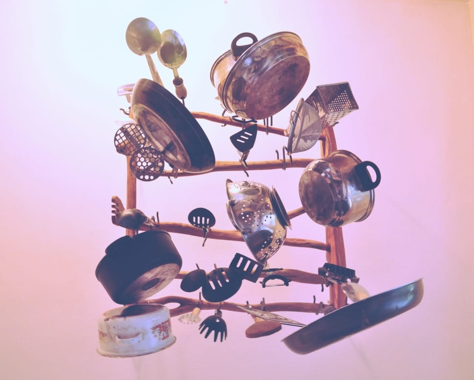 brown wooden pot rack with cookware set preview