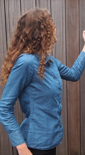 women's blue button up shirt thumbnail
