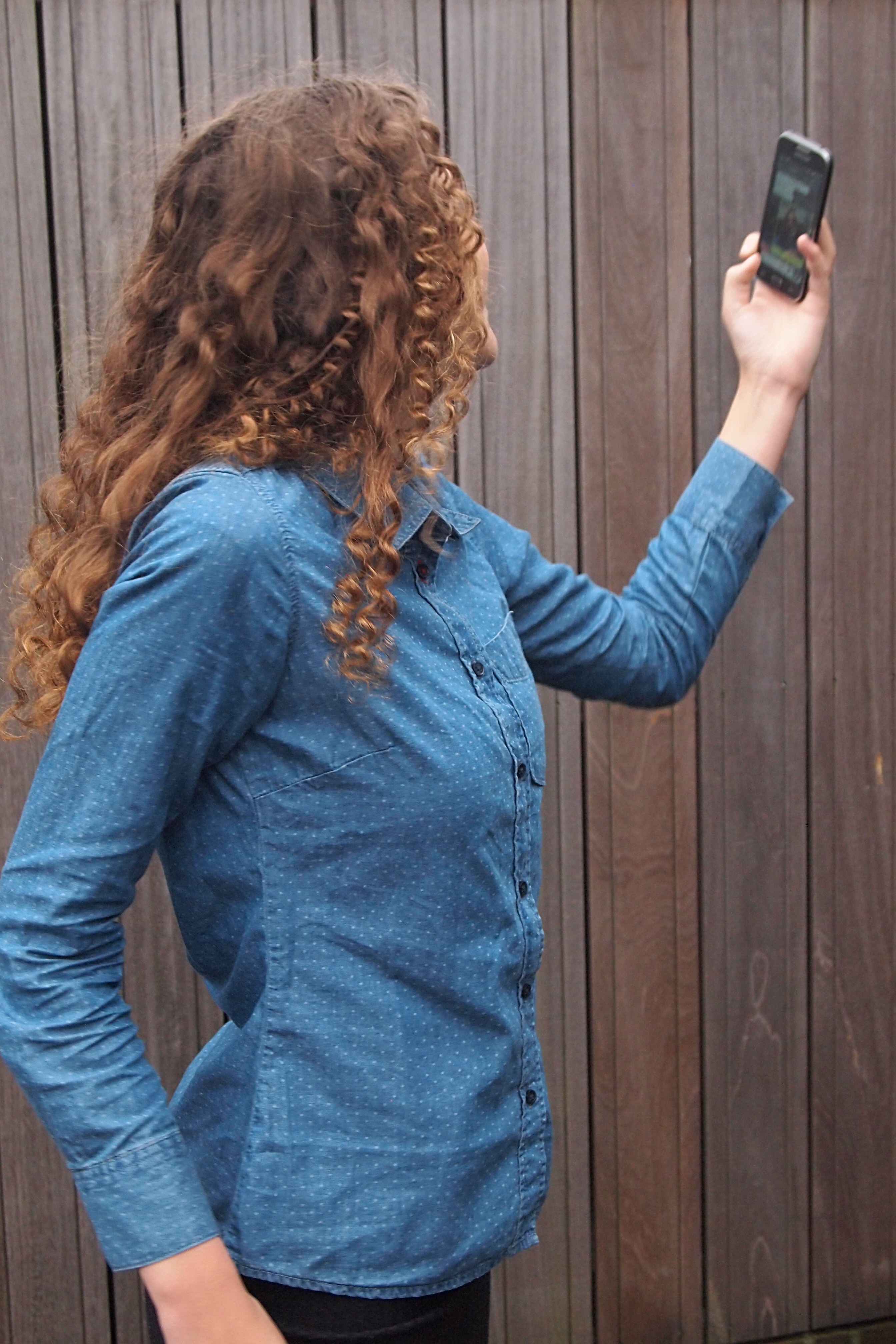 women's blue button up shirt