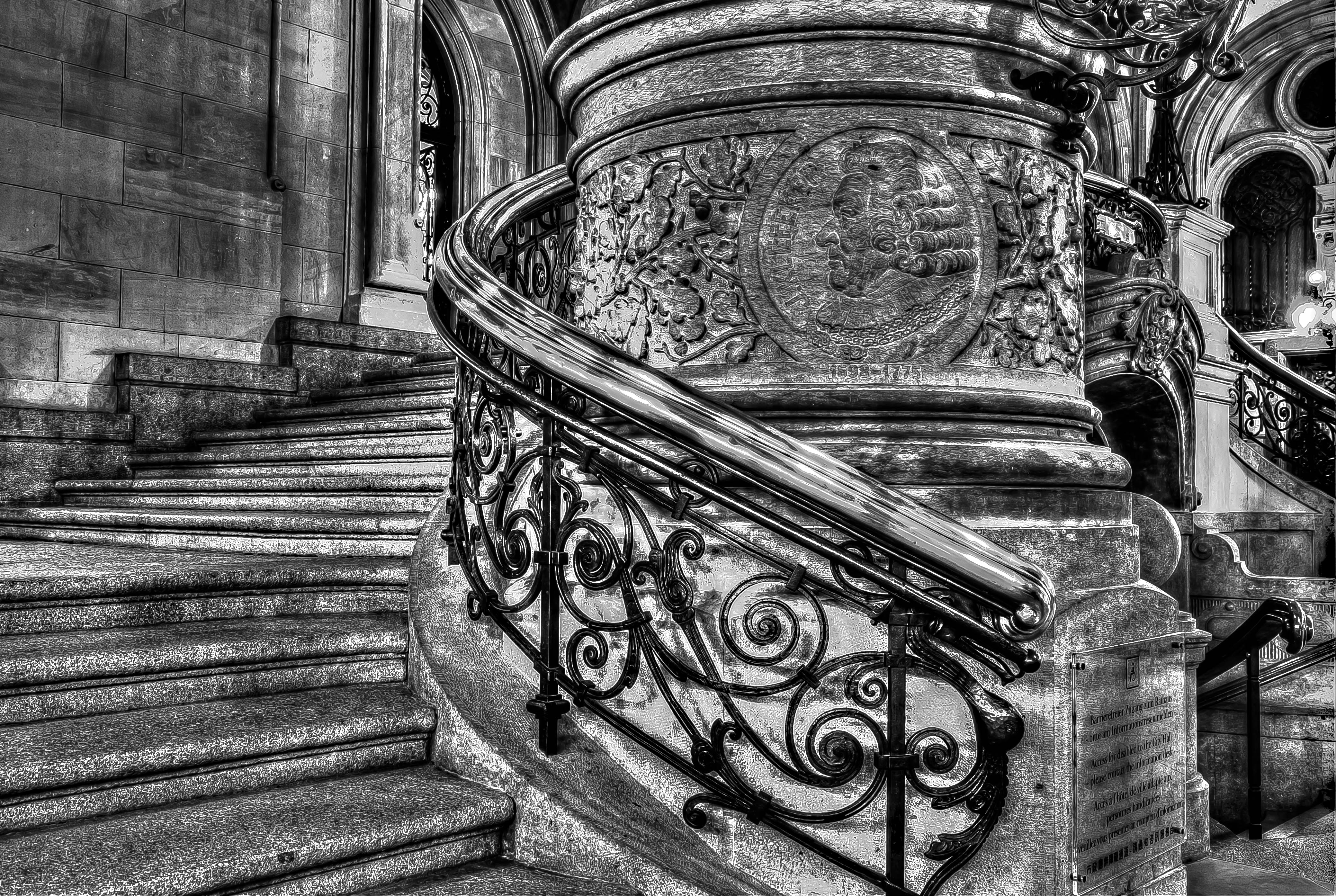 gray scale photography of staircase