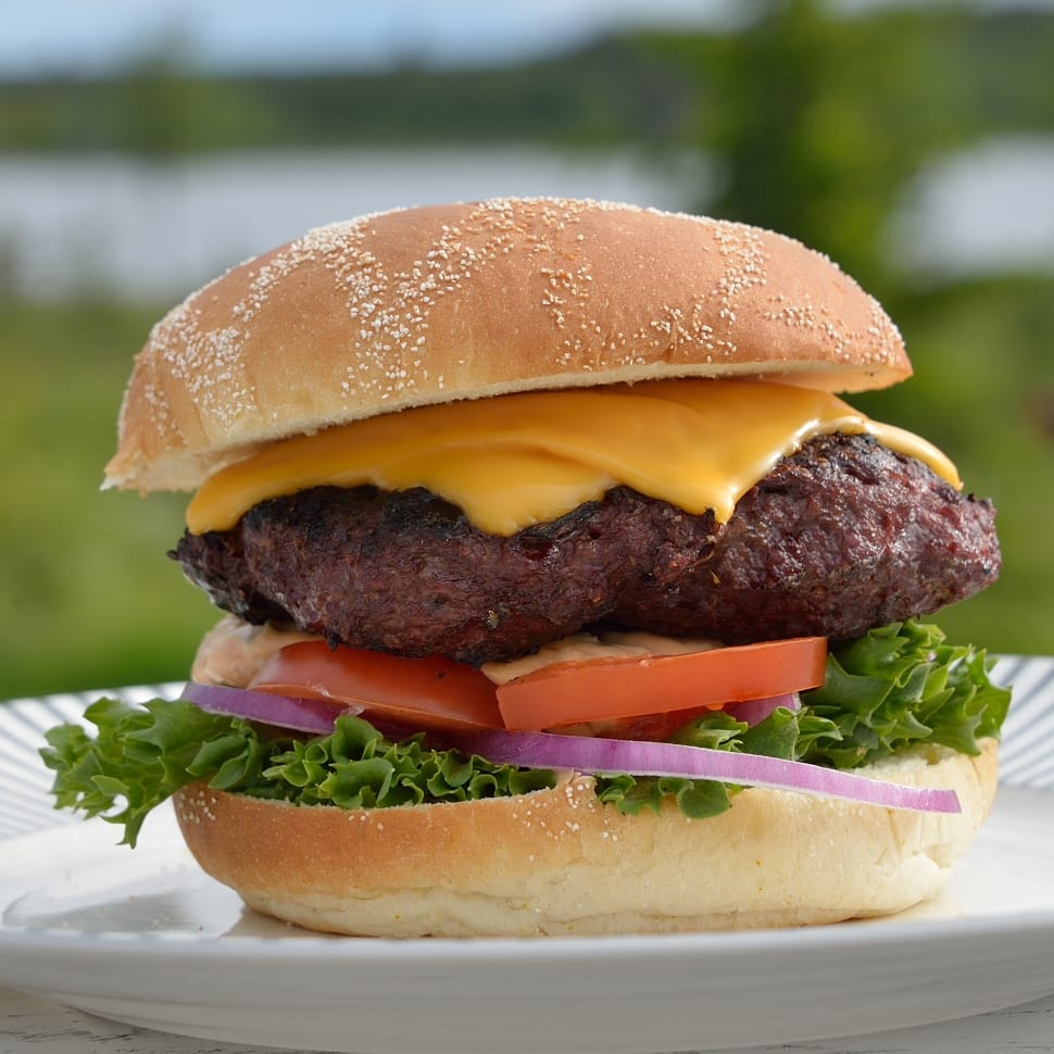 cheeseburger with sliced tomato, sliced onion and lettuce toppings preview