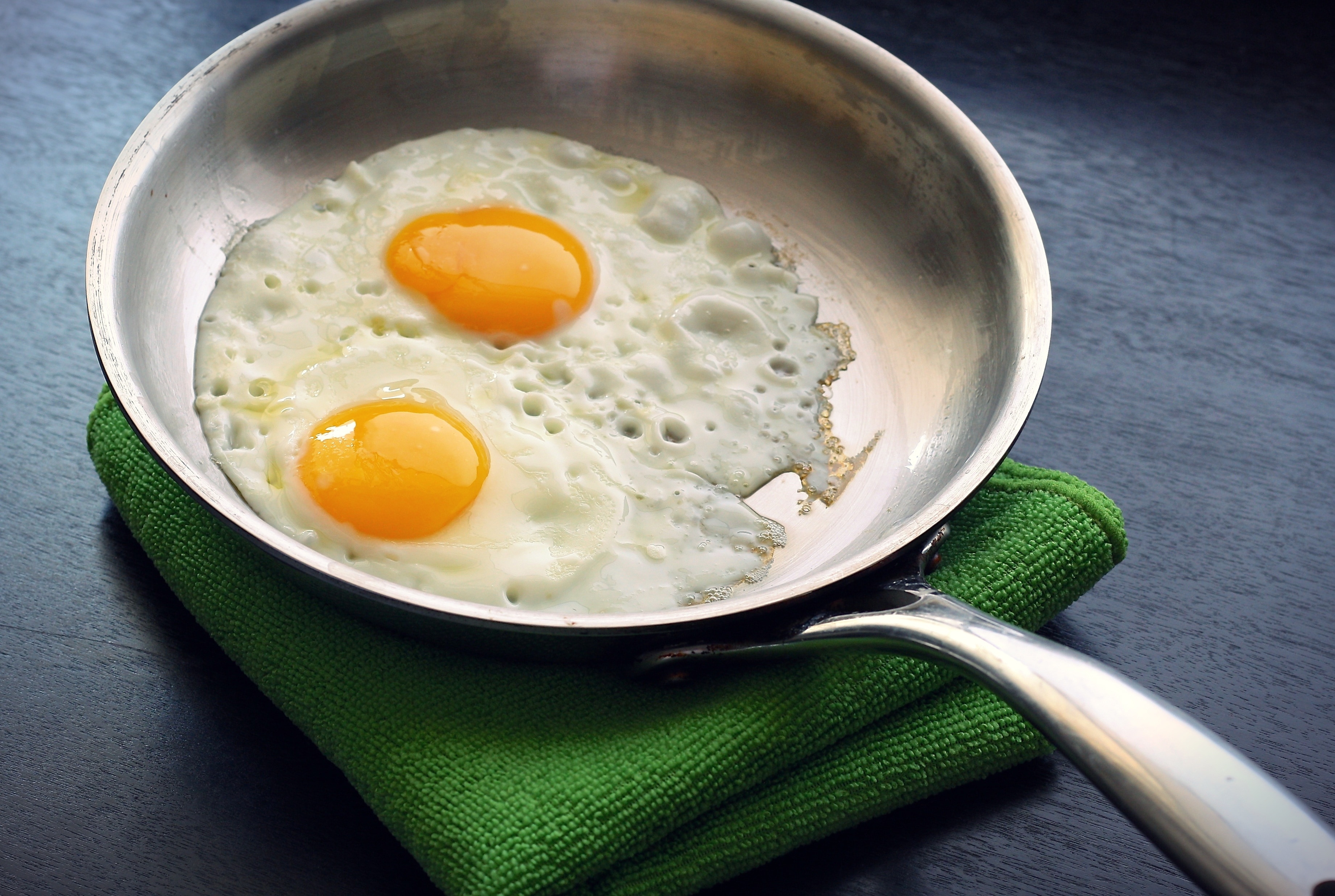 stainless steel skillet and 2 sunny side ups