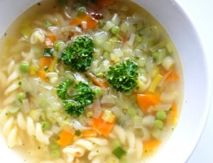 vegetable soup on white ceramic bowl thumbnail