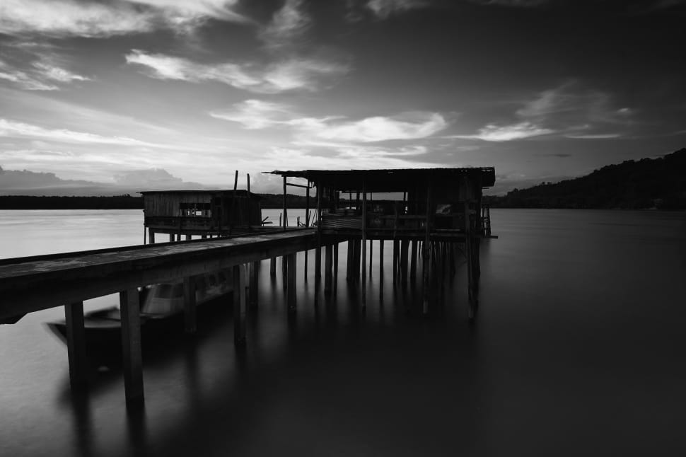 dock in grayscale photography preview