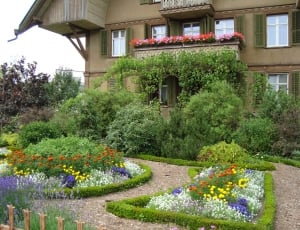 brown concrete two-storey house surrounded of flowers thumbnail