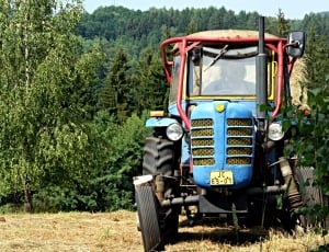 human riding tractor in field thumbnail