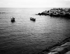 grey scale photography of two mini boats near the shore thumbnail