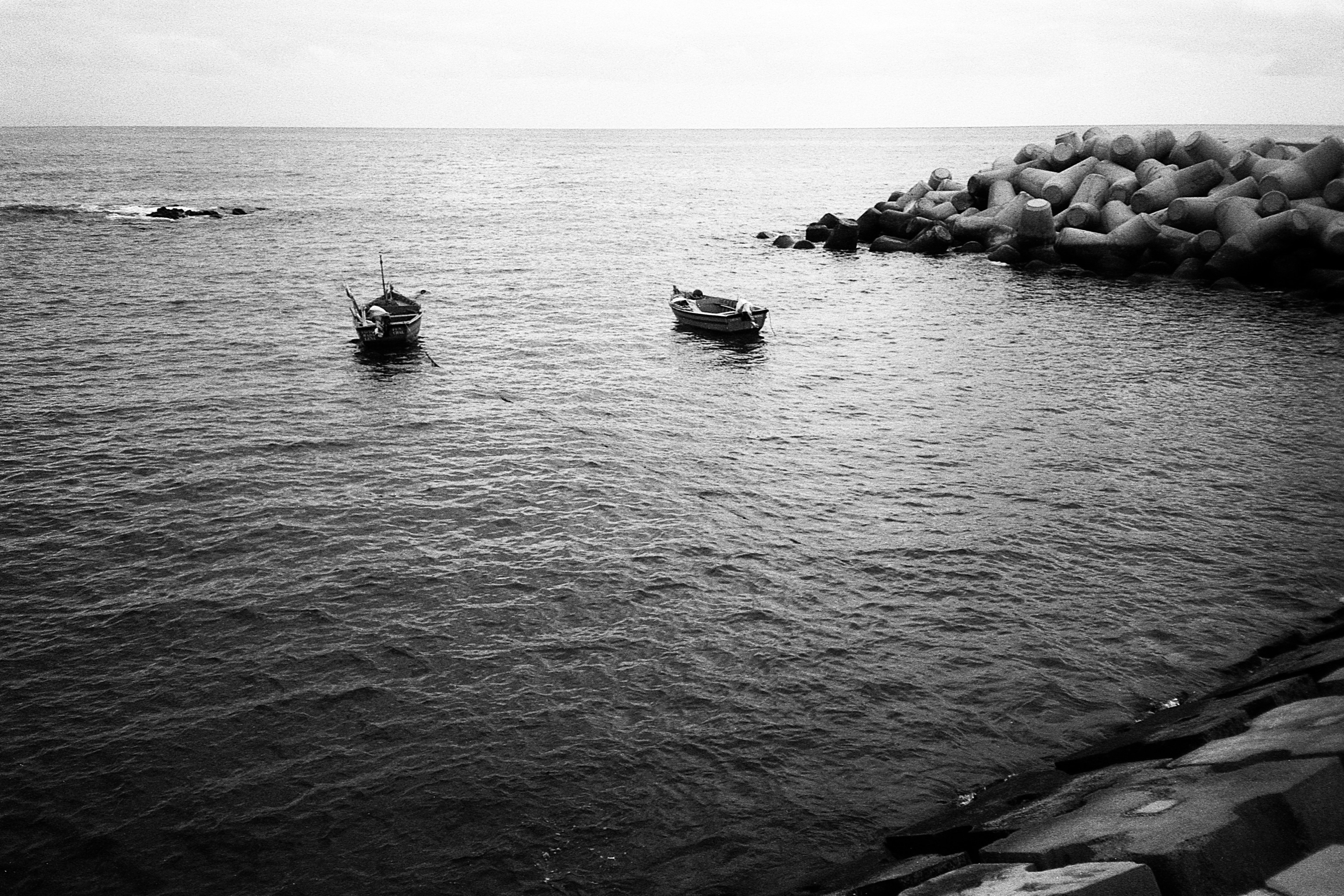 grey scale photography of two mini boats near the shore