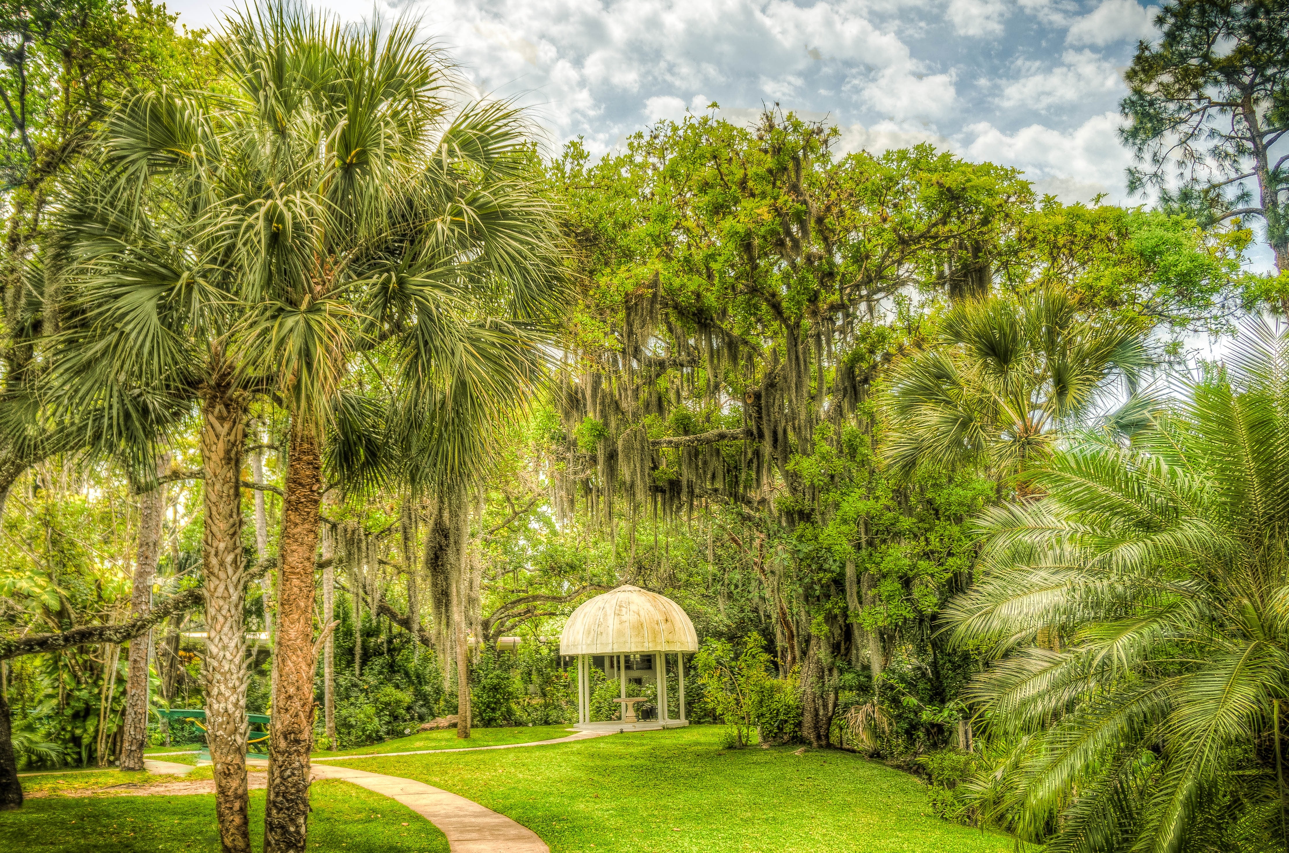 white gazebo in the middle of green palm trees wall paper
