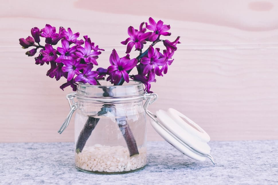 purple hyacinths in clear slom jar centerpiece preview